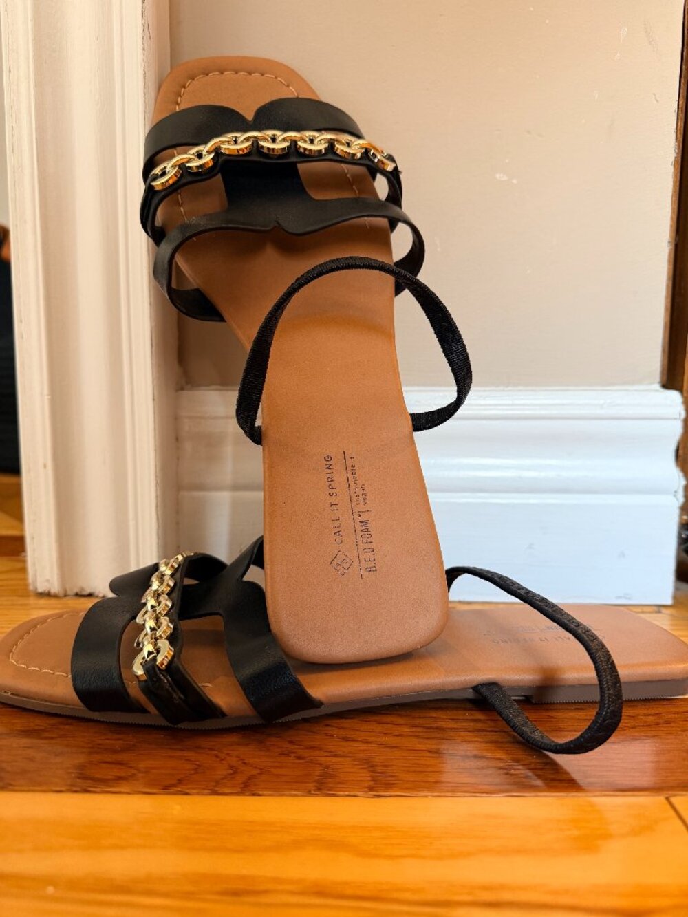 Call It Spring Black Strappy Flat Sandals – Gold Chain Detail – Size 9